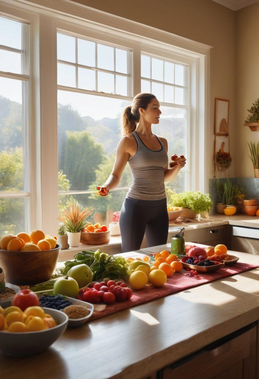 A vibrant kitchen scene filled with fresh fruits, colorful vegetables, and wholesome grains, with a person preparing a healthy meal. In the background, there are fitness equipment like dumbbells and a yoga mat, symbolizing an active lifestyle. Sunlight streams through a window, highlighting the freshness of the ingredients and creating an inviting atmosphere. Organic textures and bright colors to evoke health and wellness. super-realistic. vibrant colors. sunny atmosphere.