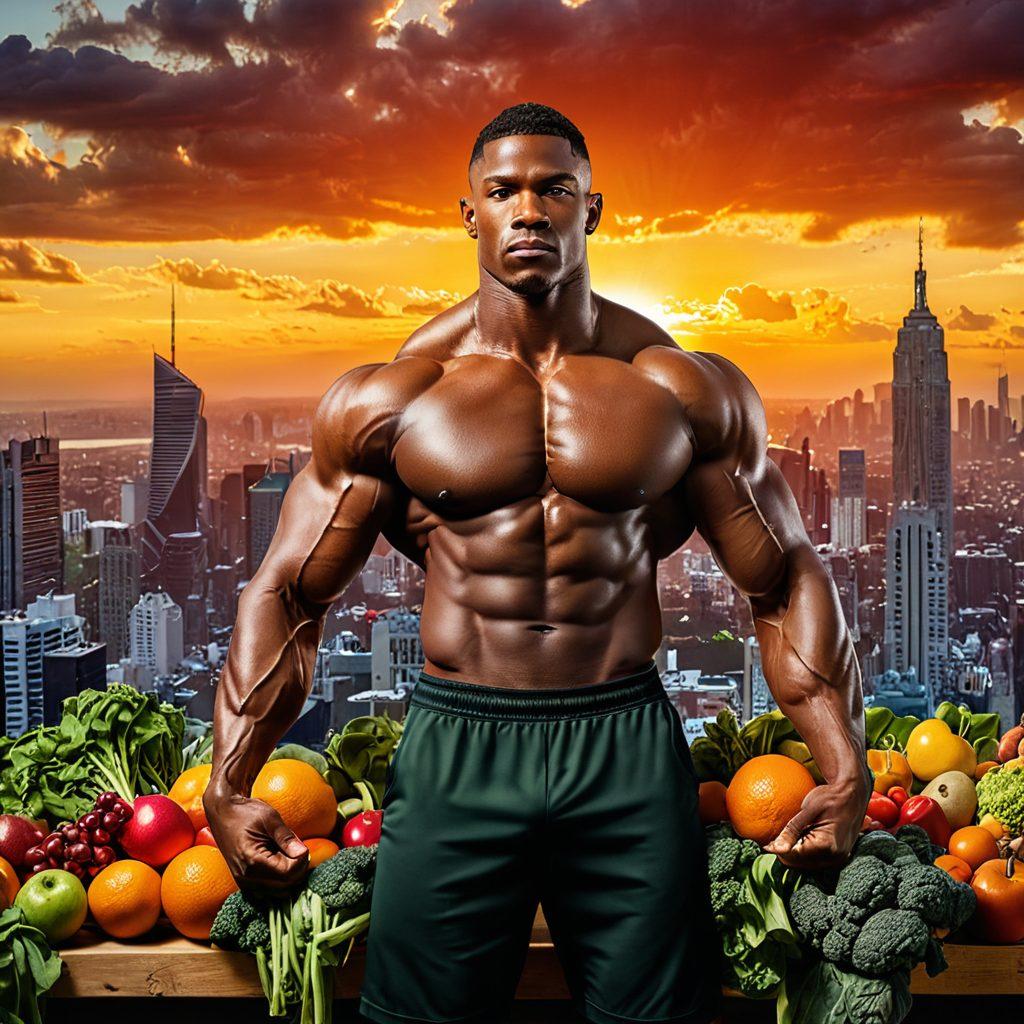 A powerful figure of a person lifting weights in a dynamic pose, surrounded by vibrant fruits and vegetables symbolizing nutrition. The background features a sunrise over a city skyline, representing an active lifestyle. Include motivational quotes subtly integrated into the design. vibrant colors. super-realistic.